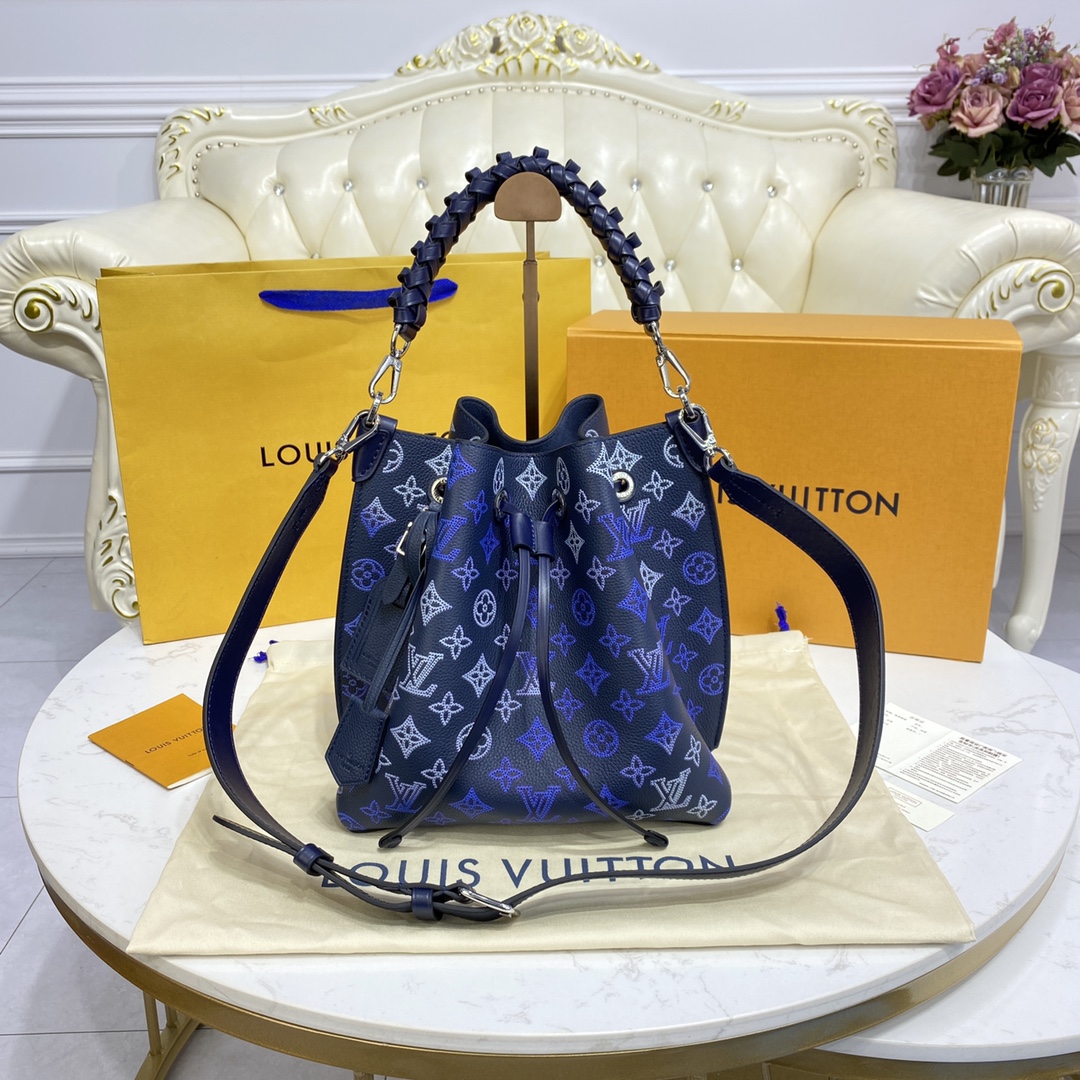 Louis Vuitton MURIA Bucket Bag Mahina Leather M59554 Navy Blue